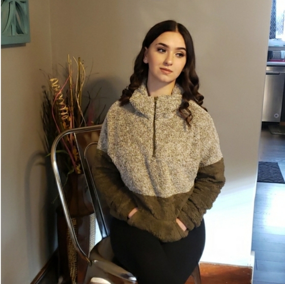 Color Block Half Zip Pullover Sherpa Fleece Jacket - Picture 5 of 8